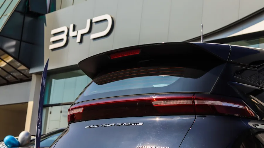 Rear view of BYD electric vehicle at dealership, showing growing BYD presence in Australia