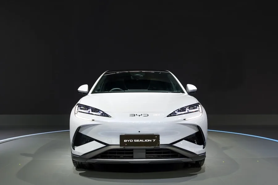 Front view of BYD Sealion 7 electric SUV highlighting design as BYD sales grow in Australia