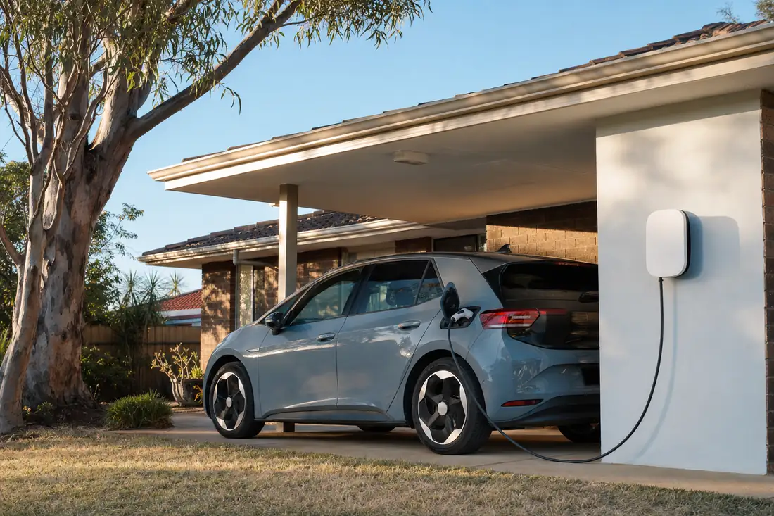 Electric hatchback charging from a wall-mounted home EV charger in the carport of a Perth home