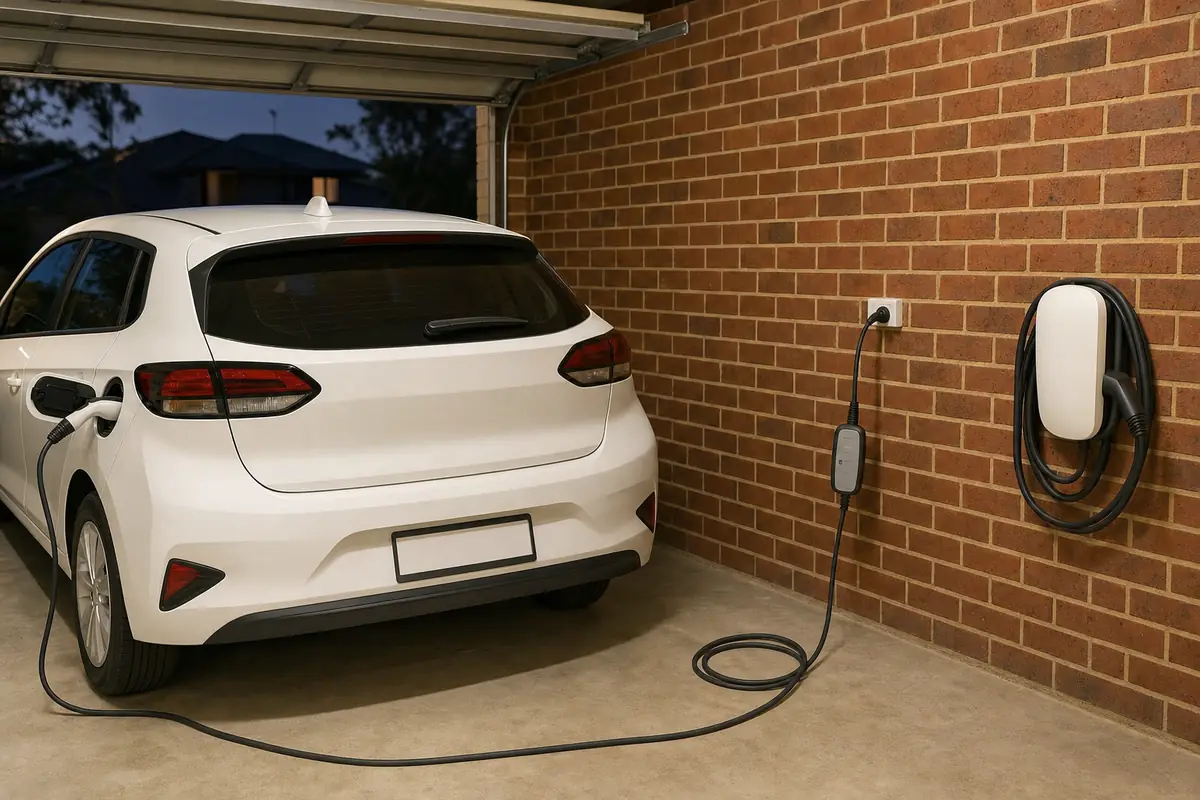 Portable EV charging cable plugged into a garage powerpoint beside a wall-mounted home EV charger in a Perth home