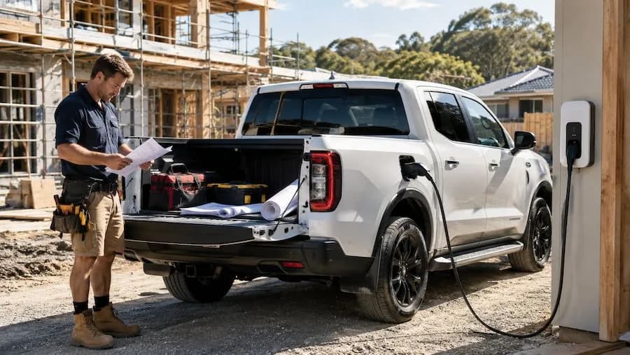 Australian tradie reviewing plans beside an electric ute charging at a residential construction site in Western Australia