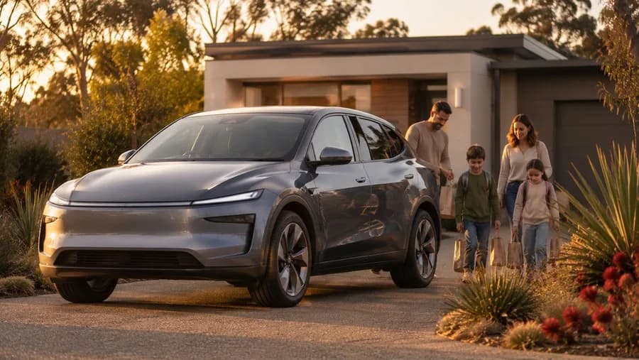 Family arriving home in a modern electric SUV at an Australian residence, reflecting everyday EV ownership.