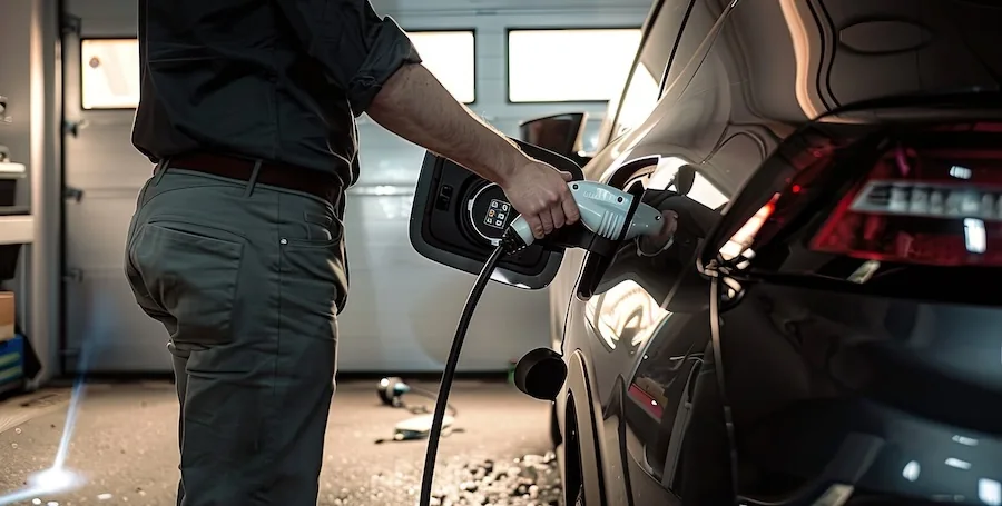 Driver plugging a home EV charger cable into an electric car inside a garage