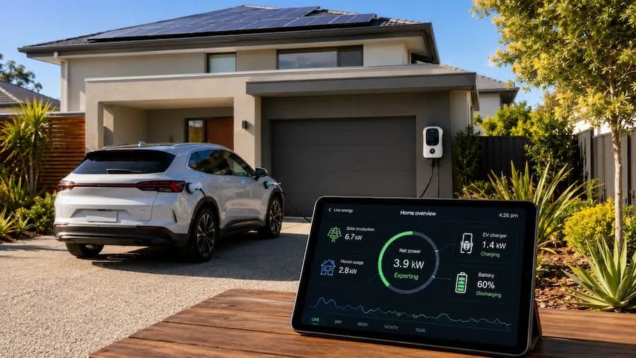 Smart EV charging load management system at a Perth home with solar panels and electric vehicle charging