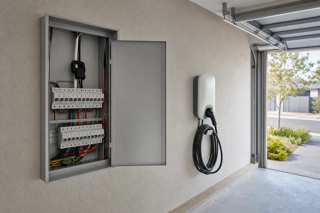 Open switchboard with a current clamp on the main cable beside a wall-mounted home EV charger in a Perth garage