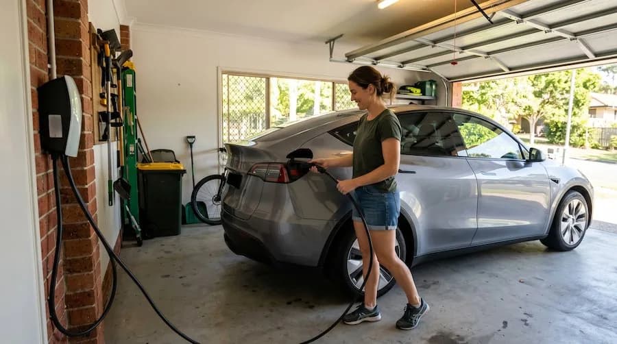 Home garage smart EV charger setup charging electric vehicle in Perth WA residential property