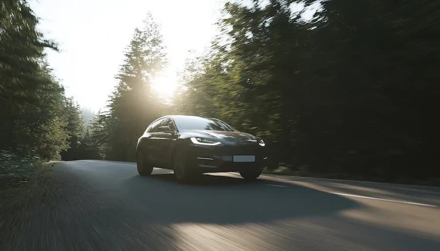 Plug-in hybrid electric vehicle driving on a forest road showing how a PHEV operates