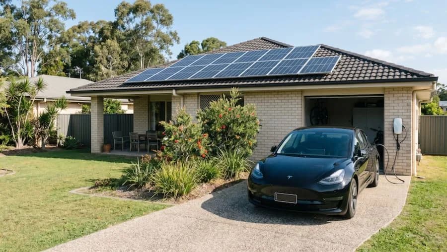 Electric car charging on the driveway of a home with solar panels on the roof
