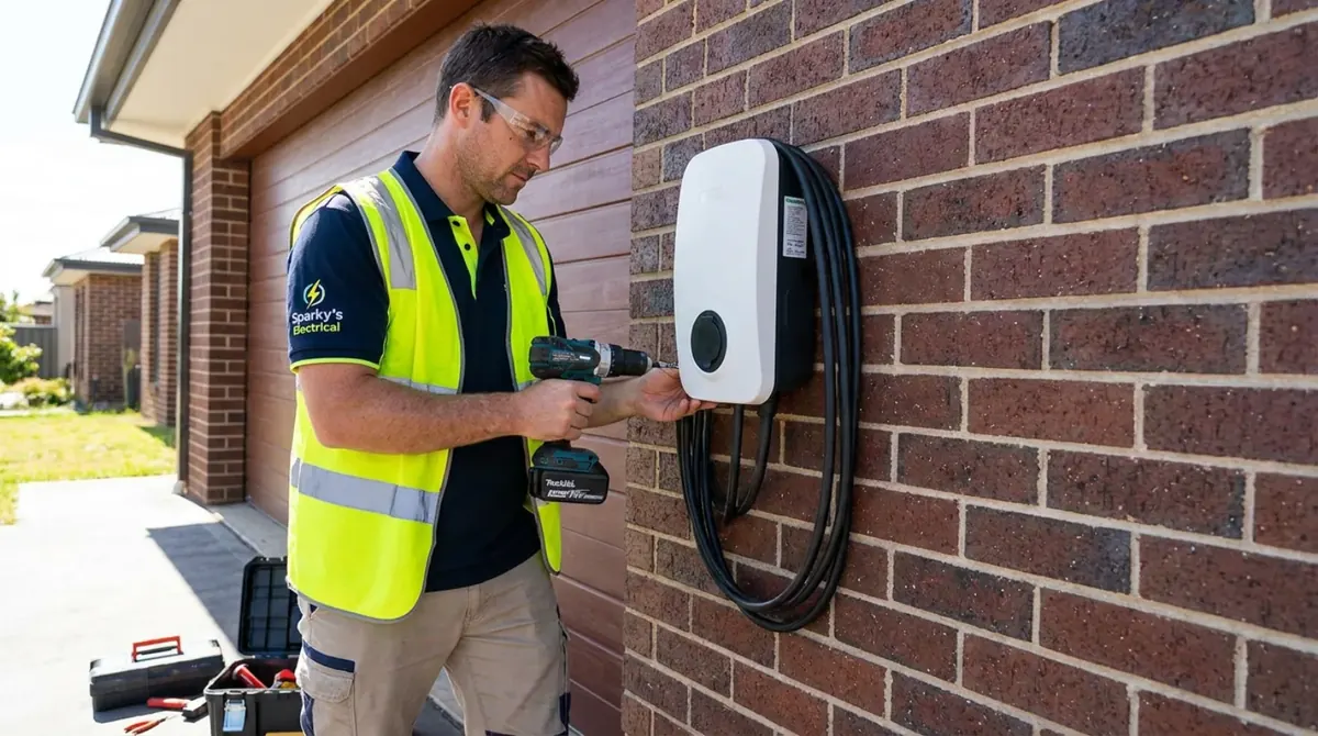 Electrician installing a home EV charger on a brick wall in Perth