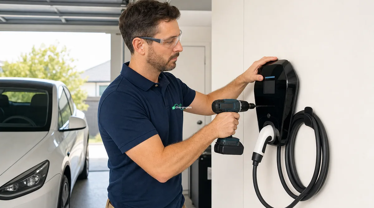 Electrician fitting a home EV charger to a garage wall in Perth