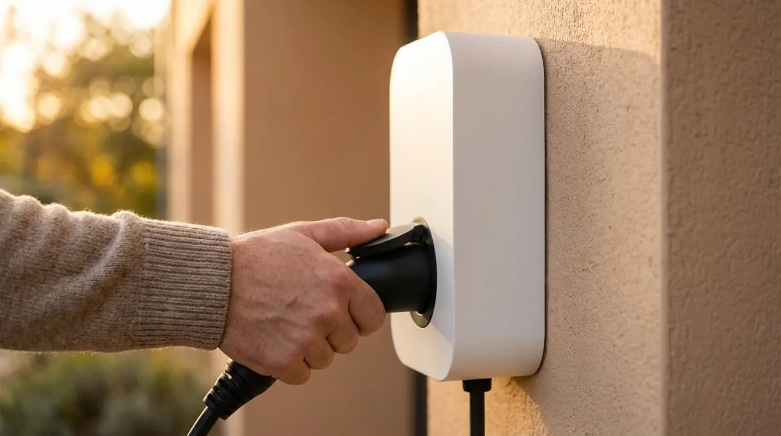 Hand plugging a charging cable into a white wall-mounted home EV charger