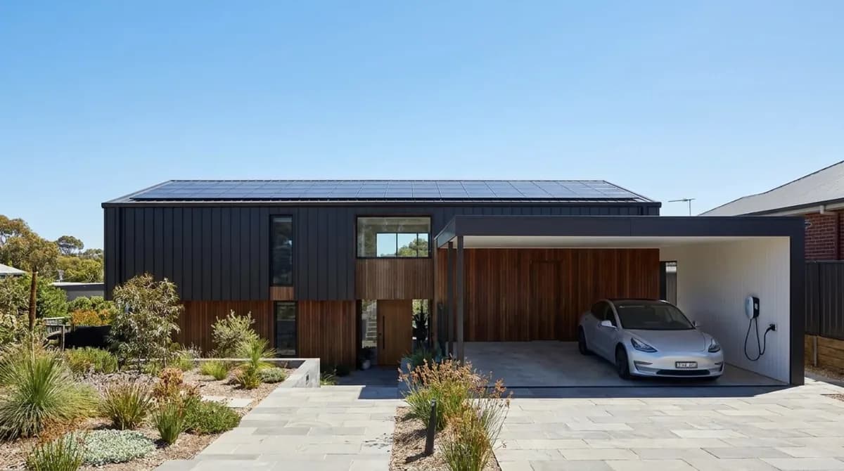 Modern Perth home with rooftop solar panels and an electric car parked in the carport beside a wall charger