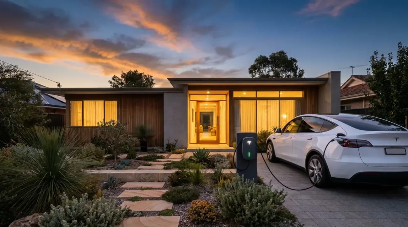 Perth home at dusk with an electric car plugged into a home charger in the driveway