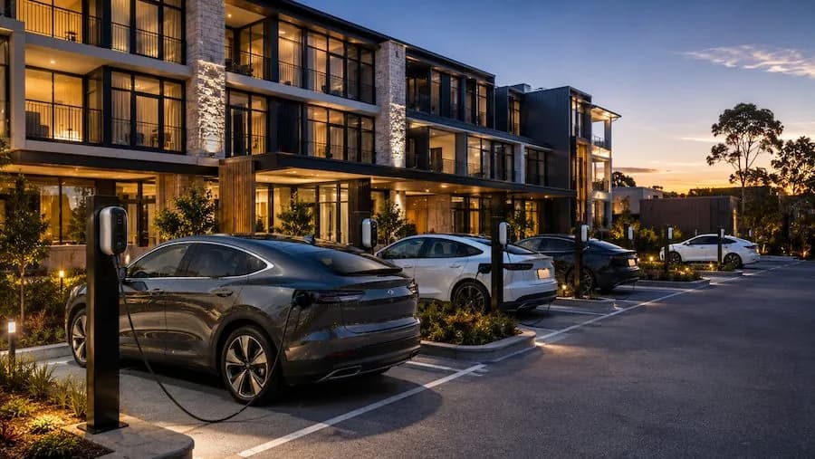 Electric cars charging outside short-stay accommodation at dusk
