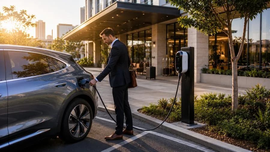 Hotel guest in a suit plugging his car into a charging post at a city hotel entrance