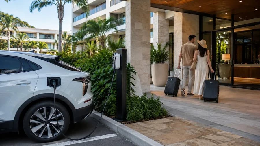 Guests arriving at a hotel while their EV charges at the entrance