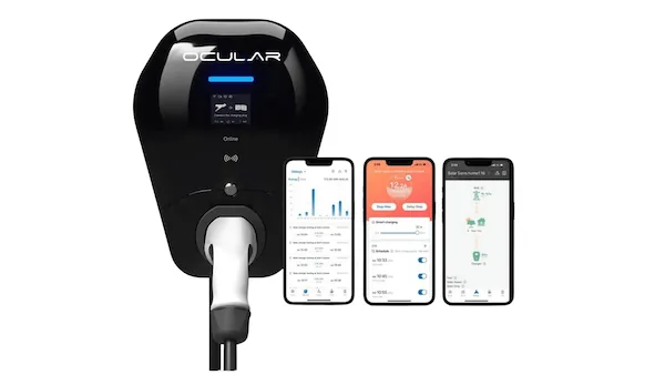 Ocular IQ Home Solar EV charger beside the Ocular app on three phones