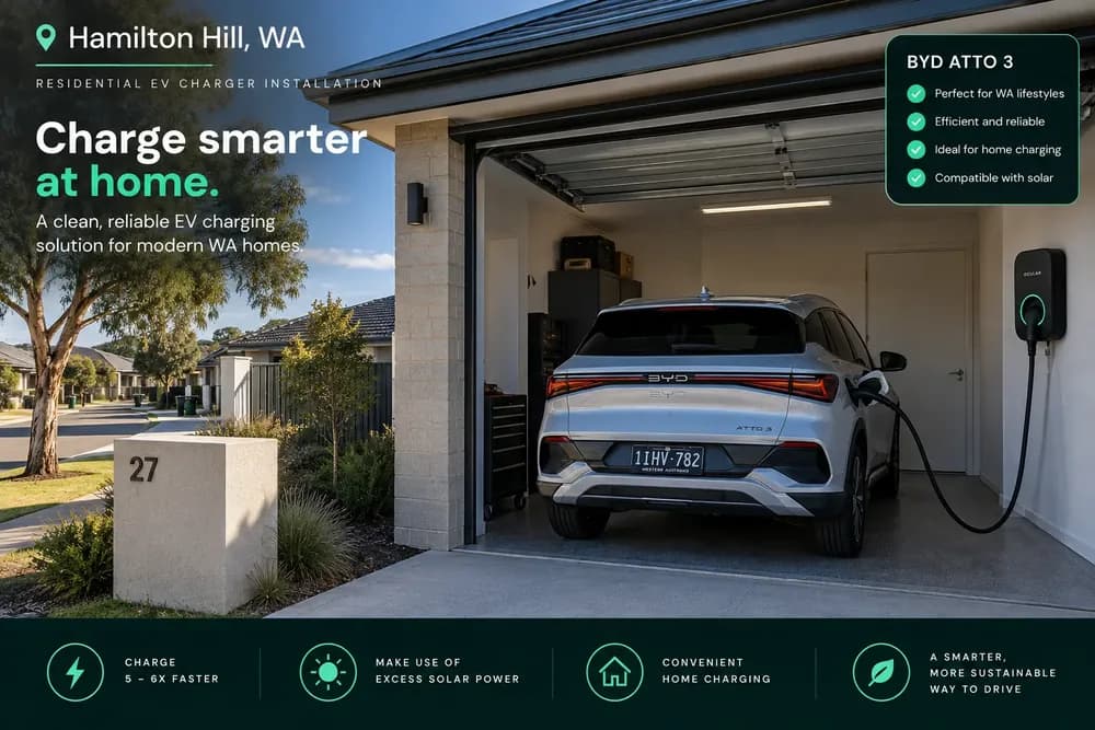 BYD electric vehicle charging from a residential Ocular EV charger inside a garage in Hamilton Hill WA