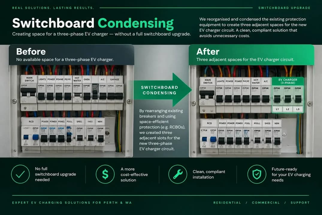 Switchboard before and after condensing to make room for a three-phase EV charger circuit