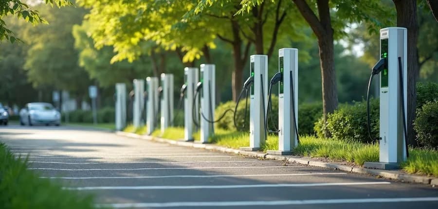 Row of EV charging posts along tree-lined parking bays