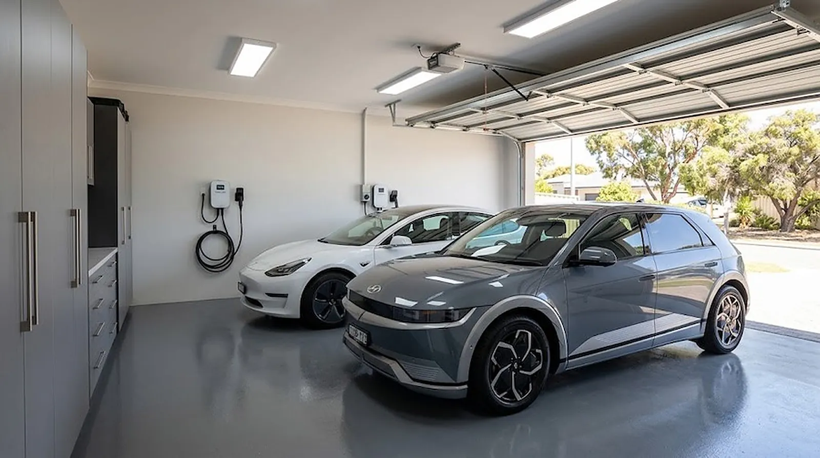 Two electric cars parked in a double garage with two wall-mounted EV chargers on the back wall
